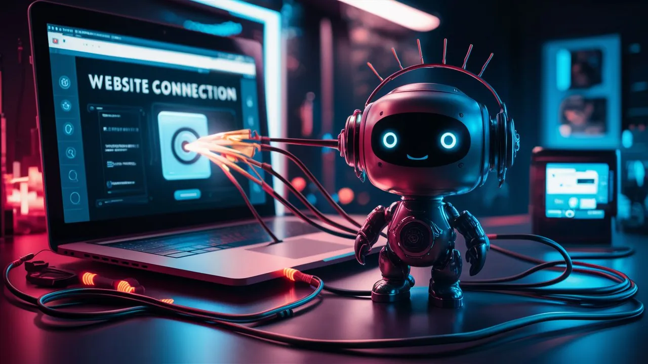 An image showing a small robot being connected with a website in a pc with wires representing integration of chatgpt to website.