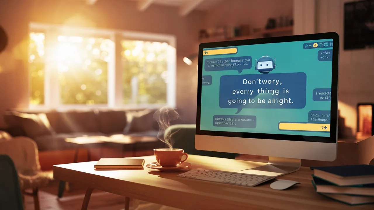 A desktop in a room which has a chatbot in it. It is a AI therapy bot that is reassuring the reader.